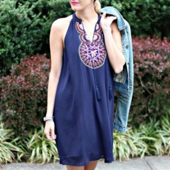 THML Dresses & Skirts - THML Roonie Blue Floral Embroidered Dress XLP Raglen Flowy Raglan Fringe Tassel